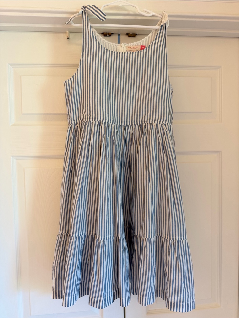 EUC Pink Chicken Girls blue and white striped tie shoulder dress size 14